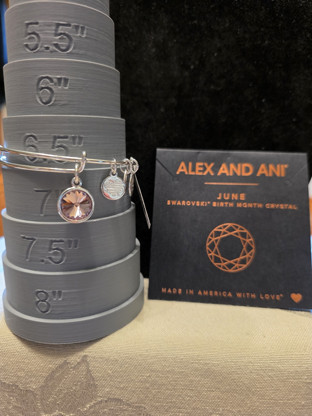 #389 Alex and Ani Silver Bangle with Light Rose Crystal Charm